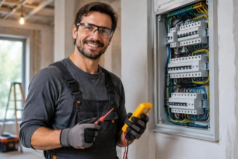 Électricien professionnel souriant tenant un multimètre et un tournevis devant un tableau électrique moderne lors d'une rénovation.