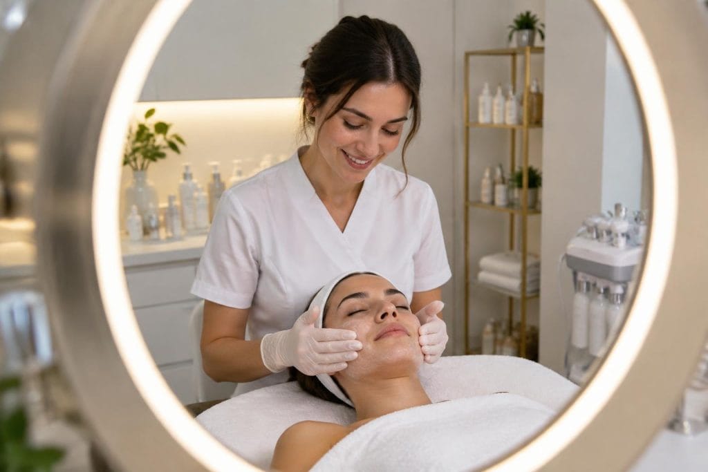 Esthéticienne souriante réalisant un soin du visage sur une cliente dans un institut de beauté moderne et lumineux.