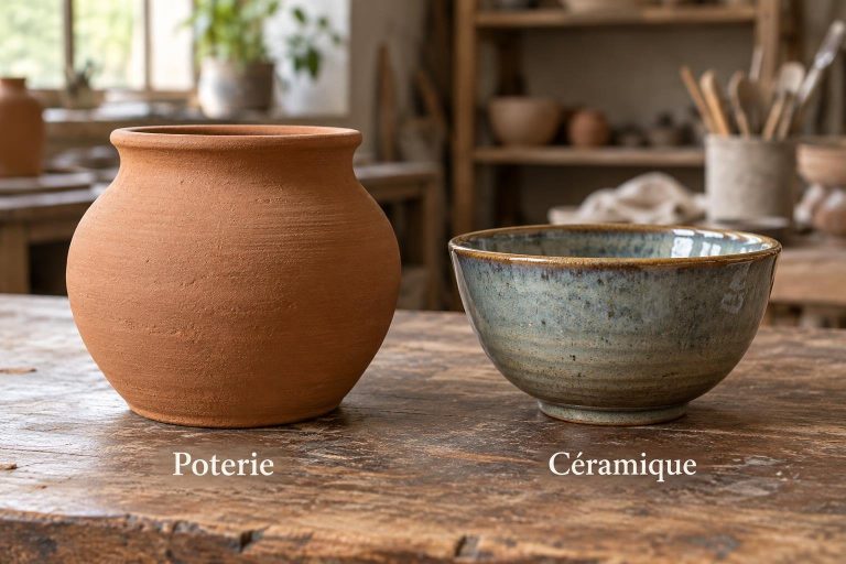 Comparaison visuelle sur un établi entre un pot en terre cuite brute étiqueté Poterie et un bol en grès émaillé étiqueté Céramique.