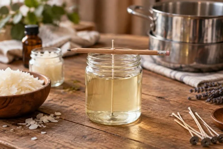 Bougie en verre avec mèche centrée par un crayon sur une table en bois, éclairage chaleureux pour tutoriel de fabrication.