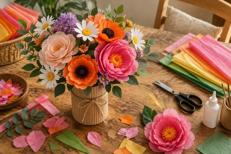 Bouquet de fleurs en papier colorées dans un vase en carton sur une table de création avec ciseaux et papier de soie.