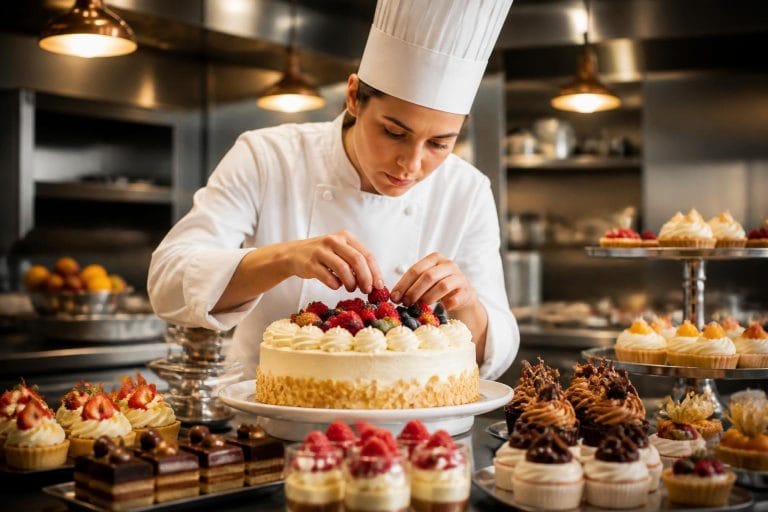 Pâtissier professionnel décorant un gâteau dans son laboratoire