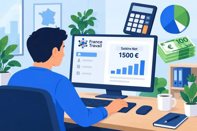 Illustration vectorielle d'une personne calculant ses allocations chômage sur ordinateur avec graphiques et mention du salaire net.