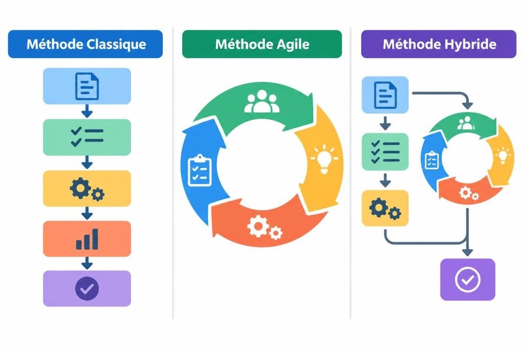 Infographie vectorielle comparant visuellement les méthodes de gestion de projet : classique, agile et hybride avec icônes.