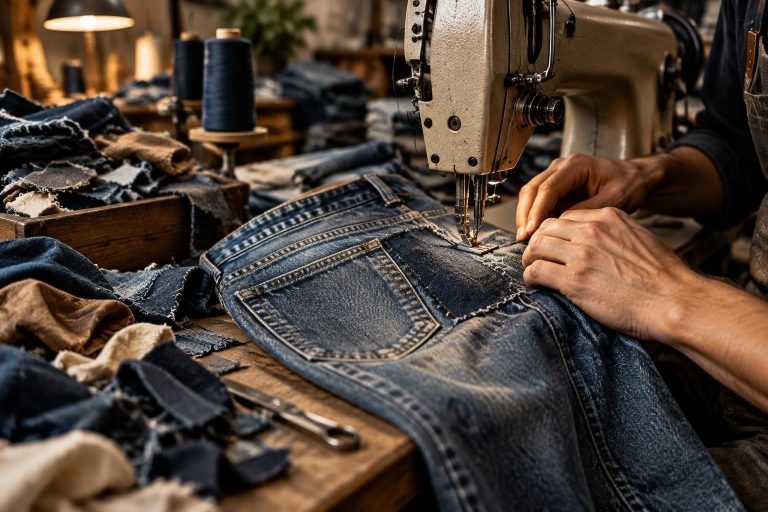 Gros plan cinématique sur des mains d'artisan transformant un vieux jean à la machine à coudre dans un atelier d'upcycling.